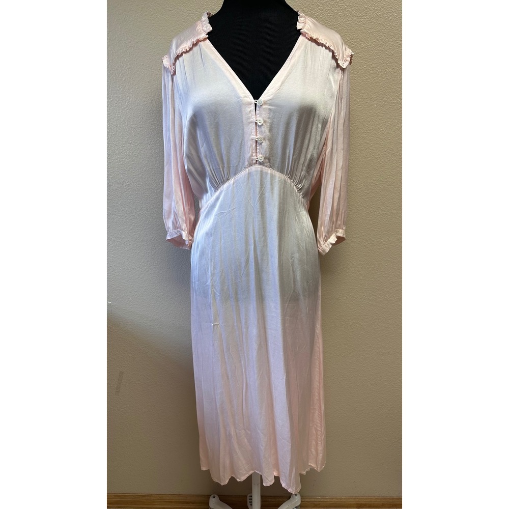 Raquel Allegra Pink Silk Satin Ruffle V-Neck Midi‎ Dress Size 3 L Blush Boho